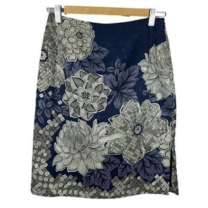 Talbots Floral Silk Blend Pencil Skirt Size 2 Petite Blue Silver
